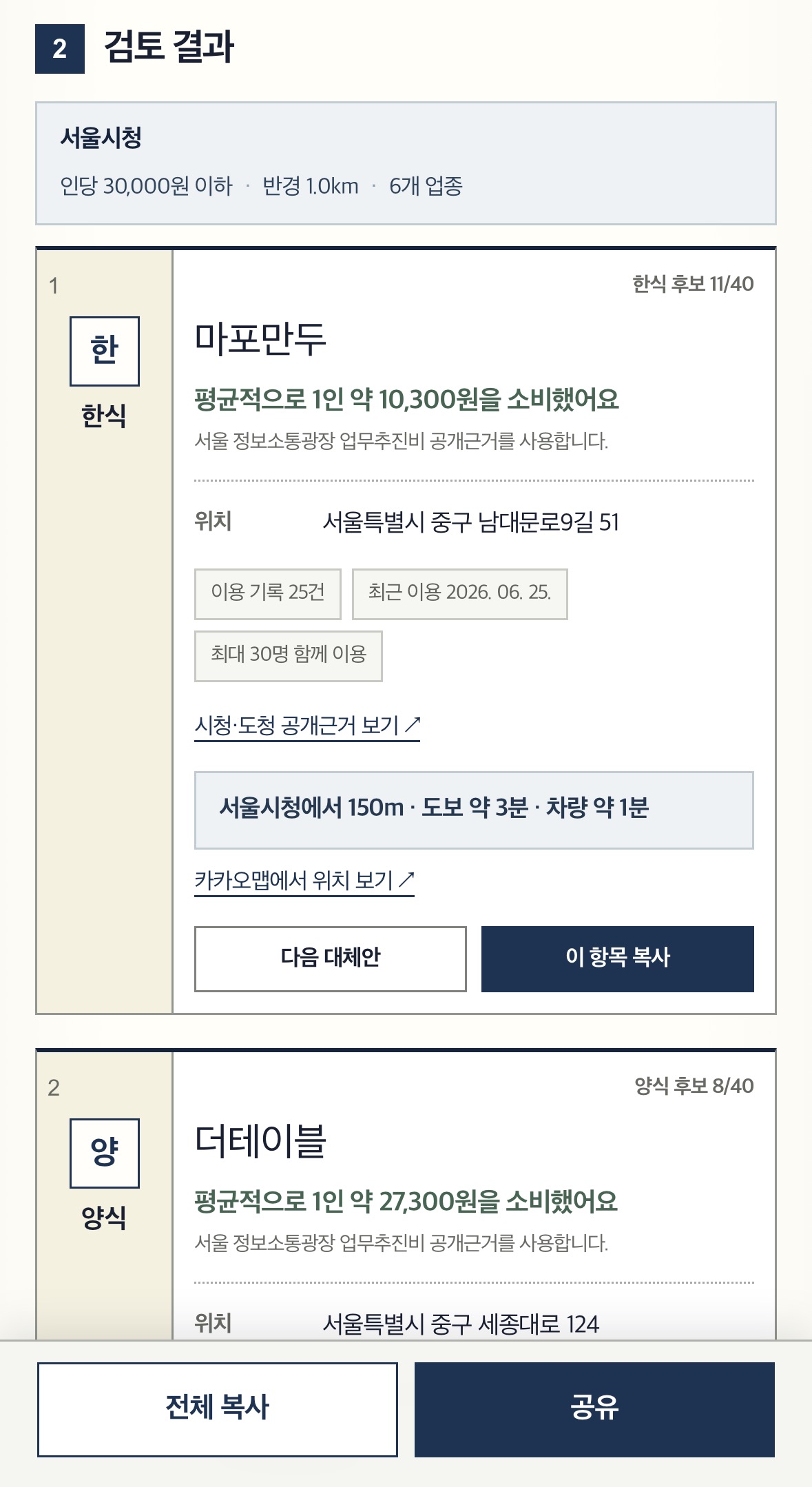 회식장소 선정안 — 업종별 후보와 1인 평균 결제액이 정리된 검토 결과 화면